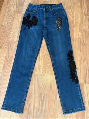 NWT ORLY Dark Blue Straight-Leg Jeans with Black Beaded Floral Appliqué
